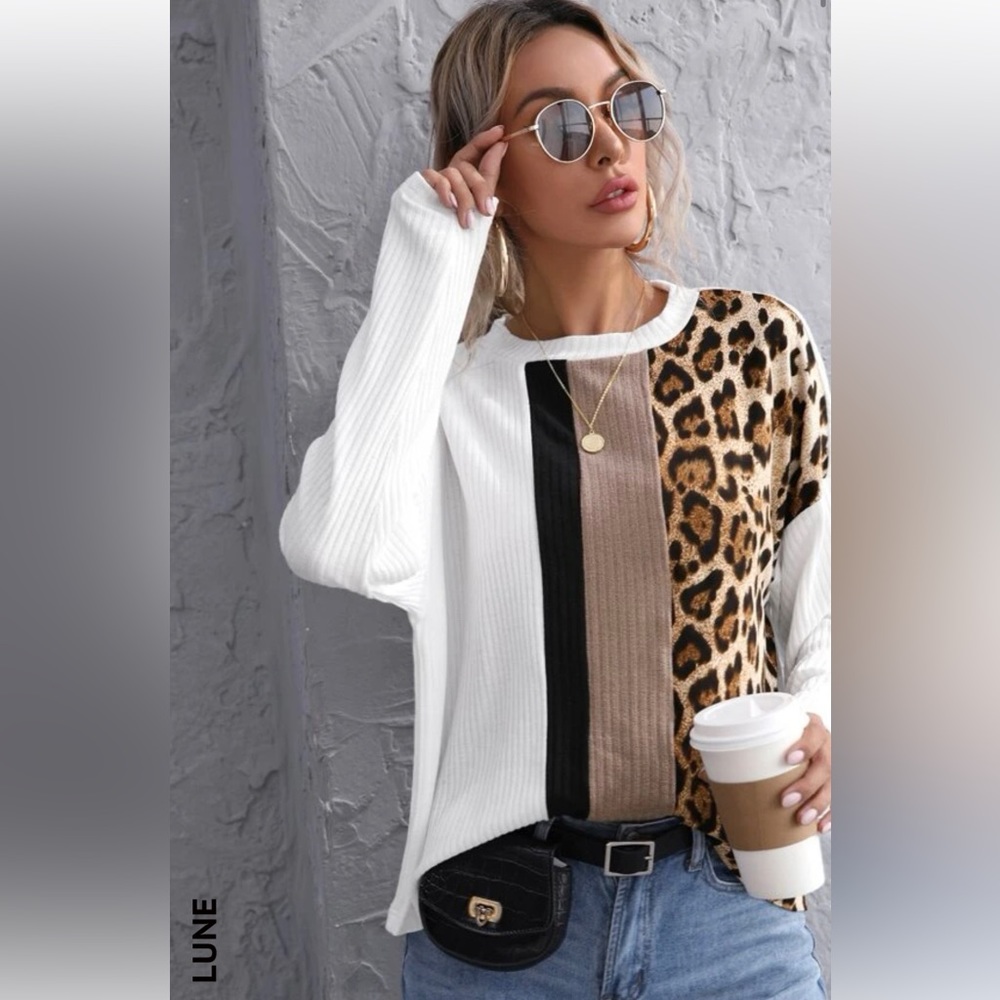 SHEIN-Leopard Drop Shoulder Rib knit long sleeve tee